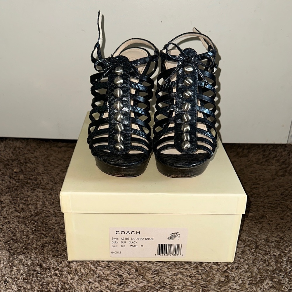Coach Black Strappy Heels with Stud Accents - Picture 2 of 4
